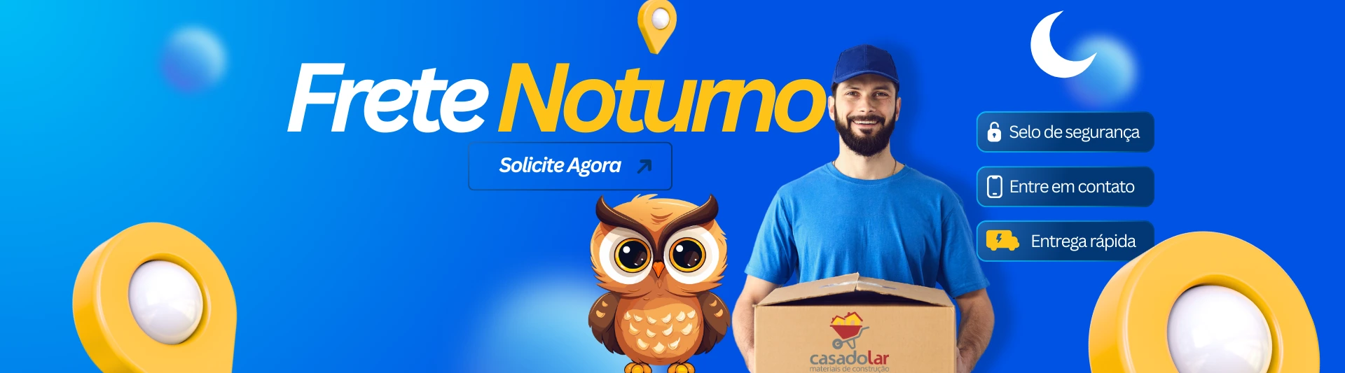 Banner de entrega noturna de materiais de construção. Sua obra não para!